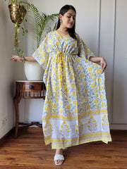 SUNSHINE YELLOW & WHITE FLORAL COTTON KAFTAN DRESS