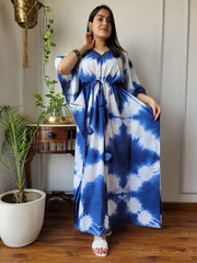 BOHO CHIC BLUE & WHITE HANDCRAFTED TIE-DYE KAFTAN DRESS