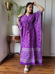 ELEGANT PURPLE PRINTED COTTON KAFTAN DRESS