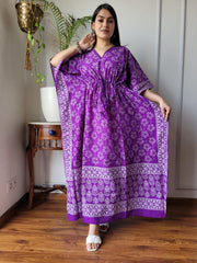 ELEGANT PURPLE PRINTED COTTON KAFTAN DRESS