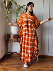 BOLD ORANGE & BLACK TIE-DYE COTTON KAFTAN DRESS