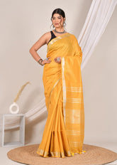 RADIANT YELLOW PLAIN LINEN SAREE WITH SILVER ZARI BORDER
