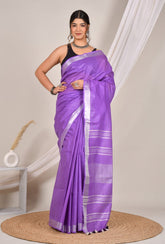 ROYAL PLUM PURPLEPLAIN LINEN SAREE WITH SILVER ZARI BORDER