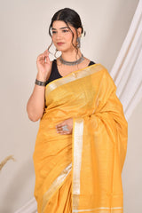 RADIANT YELLOW PLAIN LINEN SAREE WITH SILVER ZARI BORDER