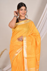 RADIANT YELLOW PLAIN LINEN SAREE WITH SILVER ZARI BORDER