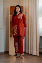 Women's Rust Orange Embroidered Cord Set