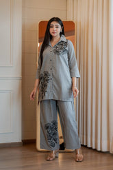 Women's Pearl Grey Embroidered Cord Set
