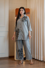 Women's Pearl Grey Embroidered Cord Set