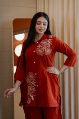 Women's Rust Orange Embroidered Cord Set