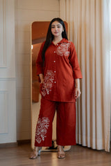 Women's Rust Orange Embroidered Cord Set