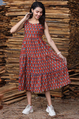Rust Red & Grey Hand Block Print Sleeveless One Piece Long Dress
