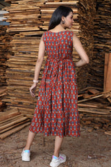 Rust Red & Grey Hand Block Print Sleeveless One Piece Long Dress