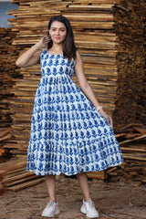 Blue & White Hand Block Print Sleeveless One Piece Long Dress