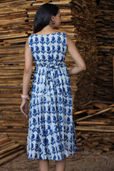Blue & White Hand Block Print Sleeveless One Piece Long Dress