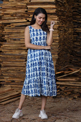 Blue & White Hand Block Print Sleeveless One Piece Long Dress
