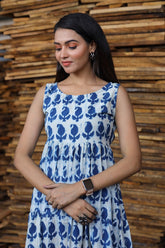 Blue & White Hand Block Print Sleeveless One Piece Long Dress