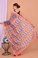 MULTICOLOR CHANDERI SILK SAREE WITH PINK BORDER & MUGHAL BUTI MOTIFS