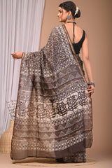BLACK & BEIGE CHANDERI SILK SAREE WITH DABU-INSPIRED BLOCK PRINT