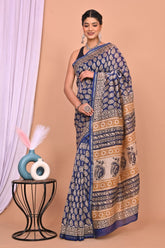 ROYAL BLUE CHANDERI SILK SAREE WITH TRADITIONAL PAISLEY BLOCK PRINT & GOLDEN ACCENTS