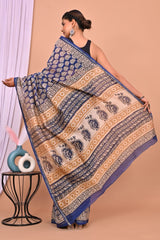 ROYAL BLUE CHANDERI SILK SAREE WITH TRADITIONAL PAISLEY BLOCK PRINT & GOLDEN ACCENTS