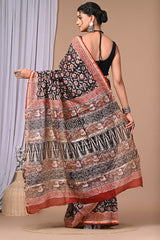 ELEGANT BLACK & MAROON HANDBLOCK PRINTED CHANDERI SAREE