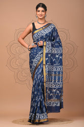 MAJESTIC BLUE MAHESHWARI SILK COTTON SAREE WITH GREEK KEY BORDER & PALM TREE MOTIFS