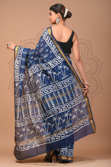 MAJESTIC BLUE MAHESHWARI SILK COTTON SAREE WITH GREEK KEY BORDER & PALM TREE MOTIFS