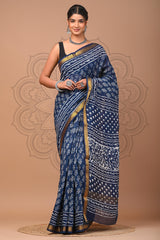 ELEGANT BLUE MAHESHWARI SILK COTTON SAREE WITH FLORAL & ABSTRACT PRINT