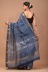 ELEGANT BLUE MAHESHWARI SILK COTTON SAREE WITH FLORAL & ABSTRACT PRINT