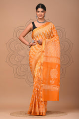 RADIANT ORANGE MAHESHWARI SILK COTTON SAREE WITH WHITE LEAF & FLORAL PRINTS