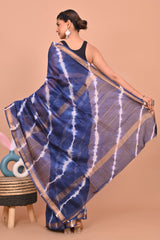 NAVY BLUE SHIBORI HAND-DYED CHANDERI SILK SAREE WITH ZARI BORDER