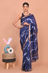NAVY BLUE SHIBORI HAND-DYED CHANDERI SILK SAREE WITH ZARI BORDER
