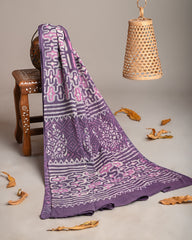 PURPLE & PINK DABU HANDBLOCK PRINTED MULMUL DUPATTA