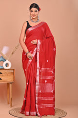 RADIANT REDPRINTEDLINEN SAREE WITH SILVER ZARI