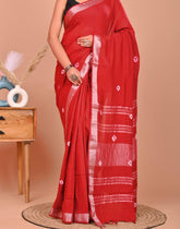 RADIANT REDPRINTEDLINEN SAREE WITH SILVER ZARI