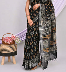 ROYAL BLACK HANDBLOCK PRINTEDLINEN SAREE