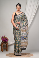 GRACEFUL KALAMKARI-INSPIRED COTTON SAREE IN DEEP GREEN