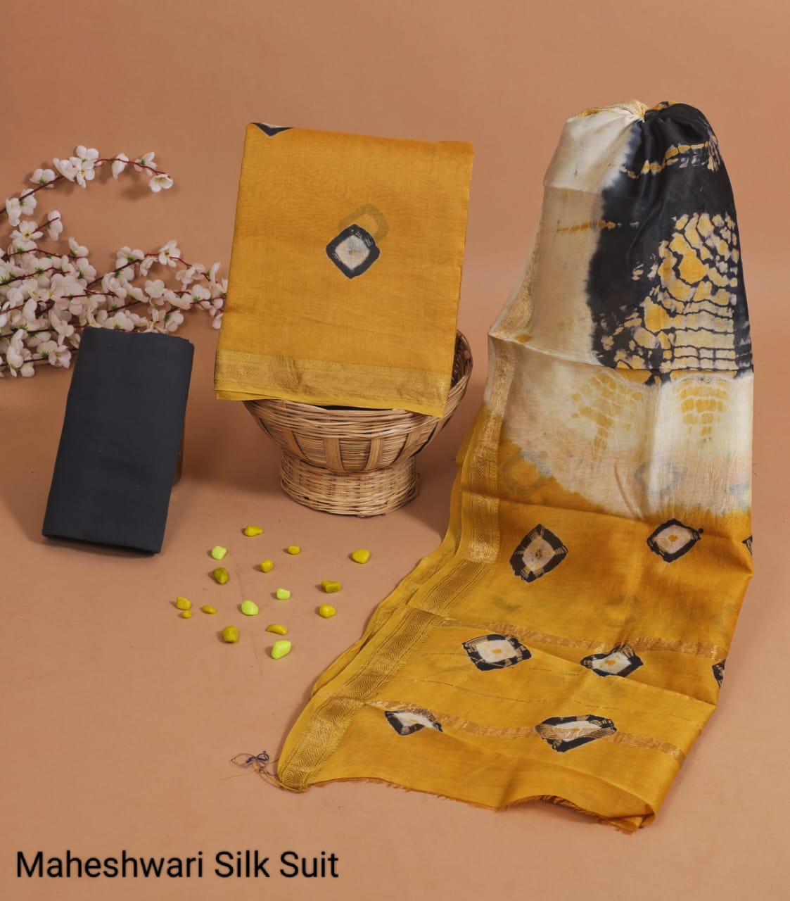 MAHESHWARI SILK SUIT – ELEGANT MUSTARD & BLACK FUSION