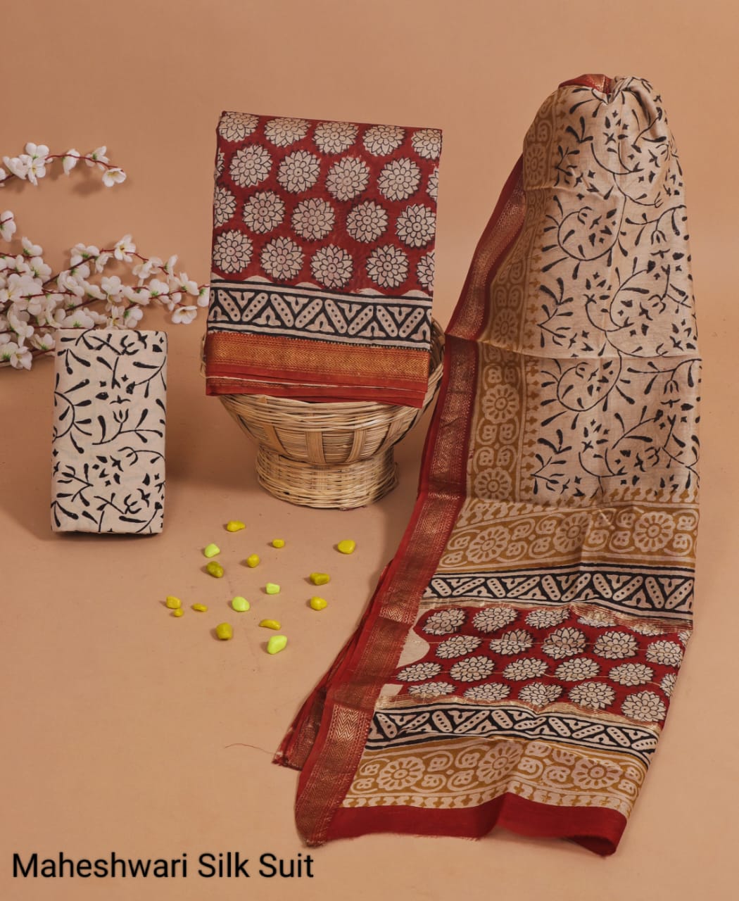 MAHESHWARI SILK SUIT – TRADITIONAL CHARM IN TIMELESS MAROON & BEIGE