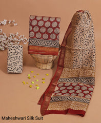 MAHESHWARI SILK SUIT – TRADITIONAL CHARM IN TIMELESS MAROON & BEIGE