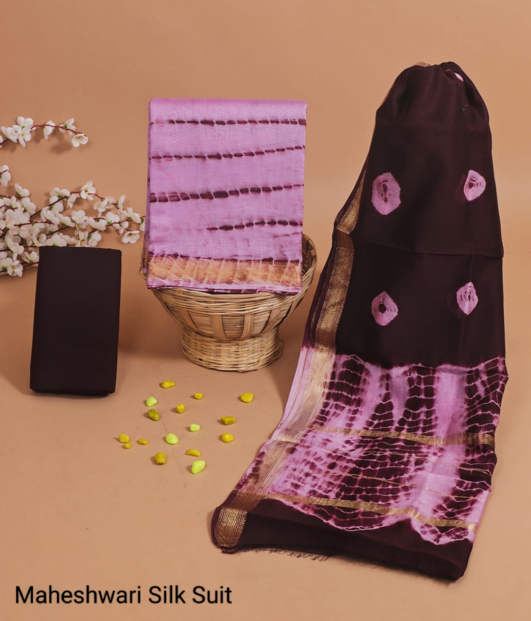 MAHESHWARI SILK SUIT – STUNNING CONTRAST IN WINE & LAVENDER SHIBORI