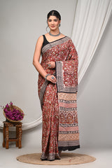 RUST RED & BEIGE COTTON SAREE WITH FOLK FLORAL PRINT AND ORNATE BORDER
