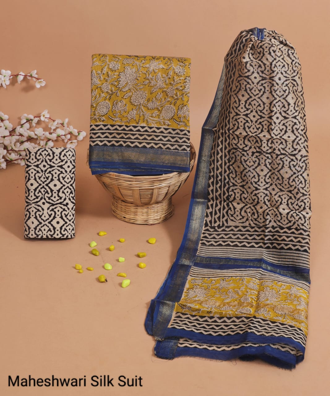 MAHESHWARI SILK SUIT – ROYAL BLUE & MUSTARD WITH ELEGANT BLOCK PRINT