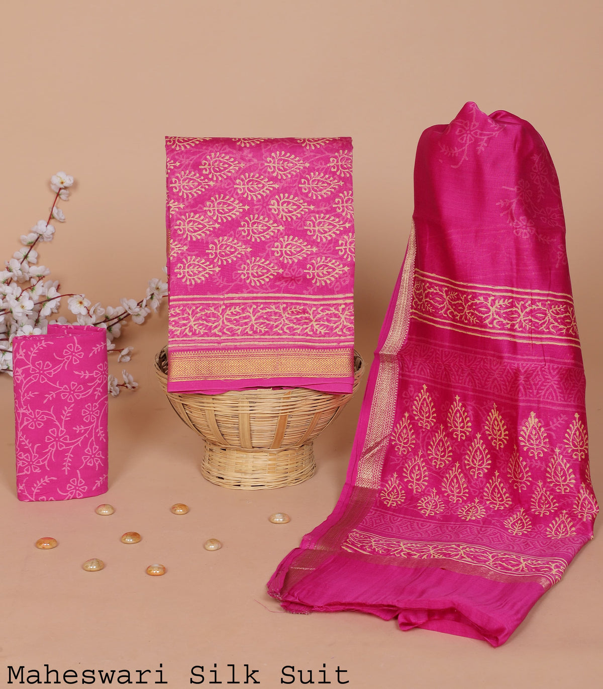 MAHESHWARI SILK SUIT – REGAL RANI PINK WITH INTRICATE GOLDEN ZARI WORK