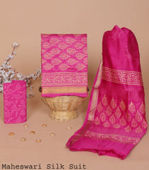 MAHESHWARI SILK SUIT – REGAL RANI PINK WITH INTRICATE GOLDEN ZARI WORK