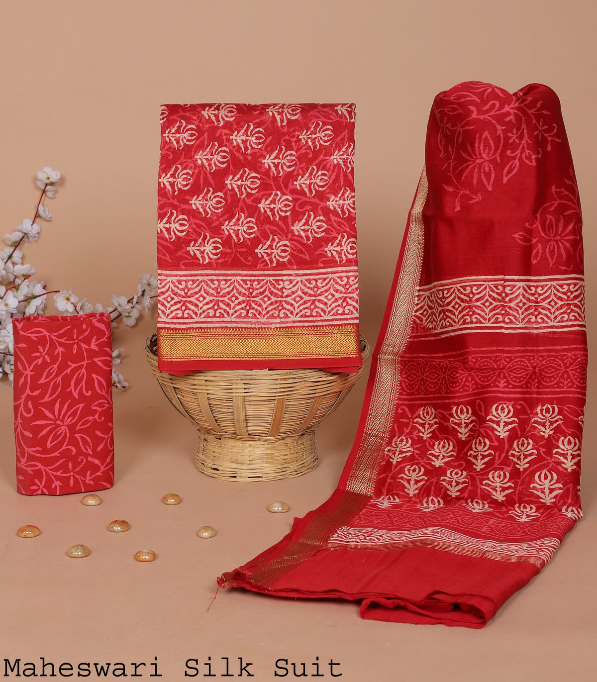 MAHESHWARI SILK SUIT – ELEGANT CRIMSON RED WITH INTRICATE ZARI ACCENTS