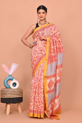 ELEVATE YOUR ETHNIC CHARM WITH THIS GRACEFUL MAHESHWARI HANDWOVEN SAREE – PEACH & YELLOW DELIGHT