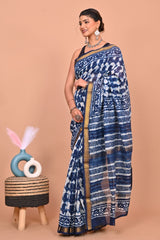 INDIGO BLUE & WHITE SHIBORI CHANDERI SAREE WITH GOLD ZARI BORDER