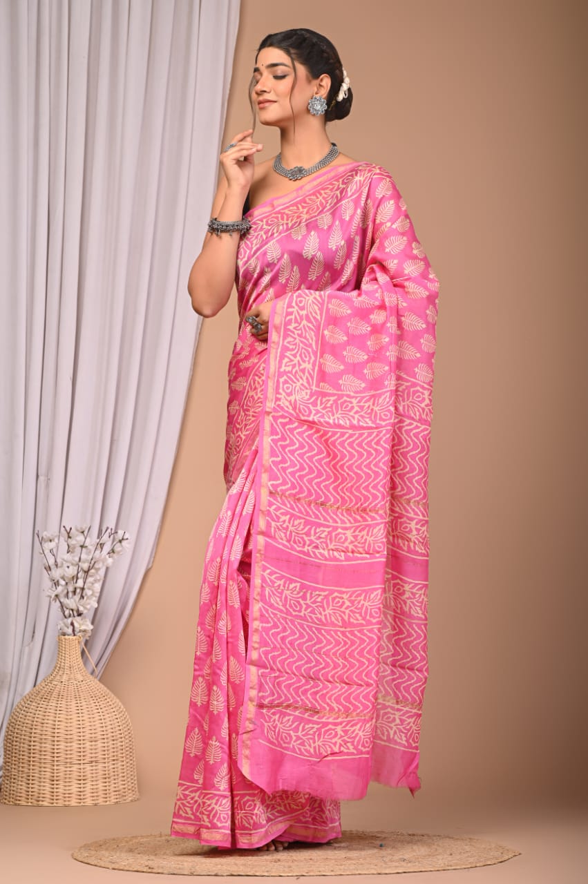 CHARMING PINK CHANDERI COTTON SAREE WITH CREAM HANDBLOCK PRINT