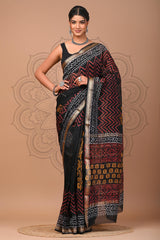 ELEGANT BLACK MAHESHWARI SILK COTTON SAREE WITH MULTICOLOR HAND BLOCK PRINT